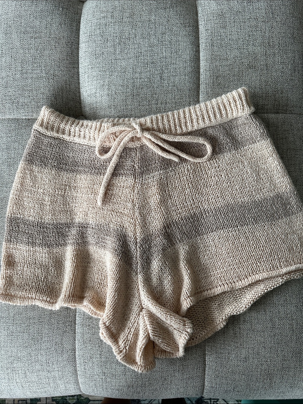 Pink Lily Striped Knit Lounge Shorts in Cream and Light Gray